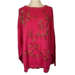 Vintage Christine Gerard Hot Pink Gold Beaded Oversized Sweater Cotton Blend S